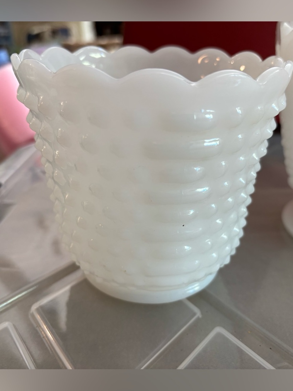 Classic Vintage White Scalloped Hobnail Milk Glass Vase Planter by Fire King